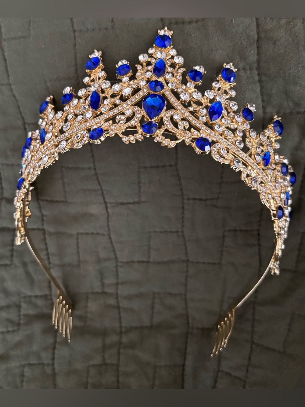 Gold Tiara with Deep Blue and clear jewels